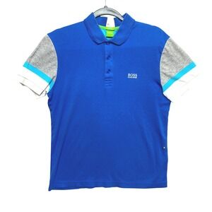 BOSS Hugo Boss Polo Shirt Mens Small Blue Gray White Aqua Block Slim Fit Cotton